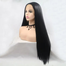 Heat safe long straight black lace front wig on mannequin head