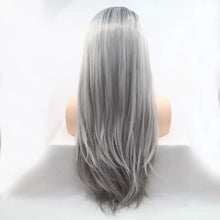 Heat safe long straight ombre black to silver grey synthetic wig with dark roots and subtle layering