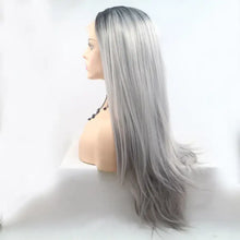 Heat safe long straight ombre black to silver-grey synthetic wig on mannequin head