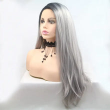 Heat safe long straight ombre black to silver grey synthetic wig with lace front