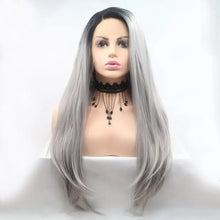 Heat safe long straight ombre black to silver grey synthetic wig on mannequin