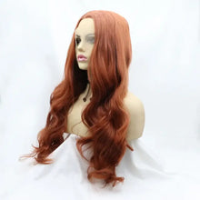 Heat safe long wavy auburn lace front wig on mannequin head