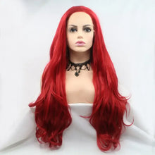 Heat Safe Long Wavy Bright Red Lace Front Wig on Mannequin