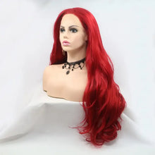 Heat Safe Long Wavy Bright Red Lace Front Wig on Mannequin