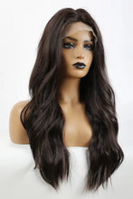 Heat safe long wavy dark brown lace front wig on mannequin