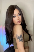 Heat safe long wavy dark brown lace front wig with olive green crop top and heart tattoo design