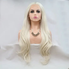 Heat Safe Long Wavy Platinum Blonde Lace Front Wig on Mannequin