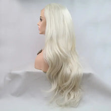 Heat safe long wavy platinum blonde lace front wig with wavy texture