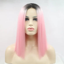 Heat safe pink ombre straight bob wig on mannequin head with dark root