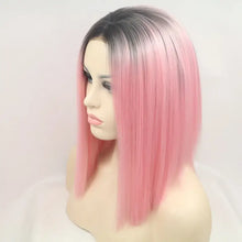Heat safe pink ombre straight bob wig with dark root on mannequin head