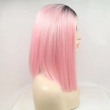 Heat safe pink ombre straight bob wig with dark root lace front