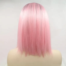 Heat safe pink ombre straight bob wig with dark root, shoulder-length