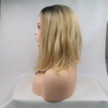 Heat safe synthetic blonde bob wig with dark roots on mannequin head