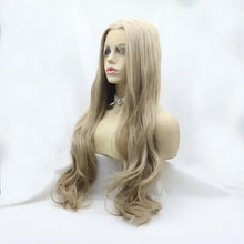 Heat safe synthetic long wavy blonde ombre wig on mannequin head