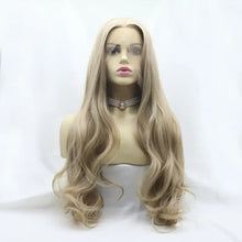 Heat safe synthetic long wavy ash blonde ombre wig on mannequin