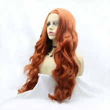 Heat safe synthetic long wavy copper red wig on mannequin head