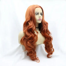 Heat safe synthetic long wavy copper red wig with lace front
