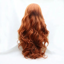 Heat safe synthetic long wavy copper red wig with auburn waves