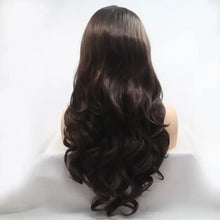 Heat safe synthetic long wavy dark brown wig with flowing waves