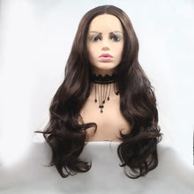 Heat safe synthetic long wavy dark brown wig on mannequin with black beaded choker