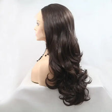 Heat safe synthetic long wavy dark brown wig on mannequin head