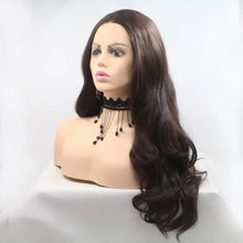 Heat safe synthetic long wavy dark brown wig with black lace choker and beaded accents