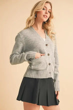 Gray textured cardigan with ribbed hem button in heather gray