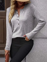 Heather gray round neck buttoned long sleeve henley shirt for women