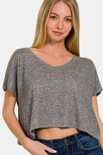 Woman in Zenana v-neck short sleeve cropped t-shirt with jeans