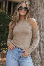 Heathered round neck cold shoulder long sleeve top in light brown