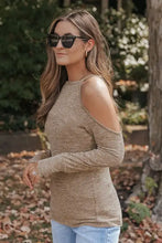 Heathered round neck cold shoulder top with long sleeve length in beige