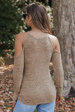 Light brown heathered round neck cold shoulder long sleeve top