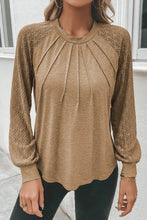 Heathered round neck long sleeve t-shirt in camel brown with pleated and lace details