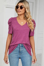 Heathered V-Neck Puff Sleeve T-Shirt Woman T Shirts