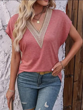 Heathered V-Neck Short Sleeve T-Shirt in peach with lace trim