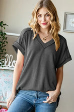 Heimish full size exposed seam short sleeve ribbed V-neck top