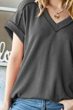 Heimish full size exposed seam short sleeve ribbed V-neck top in dark gray waffle knit