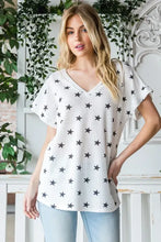 Heimish Full Size Star Print Short Sleeve V-Neck Waffle Knit T-Shirt Woman T Shirts
