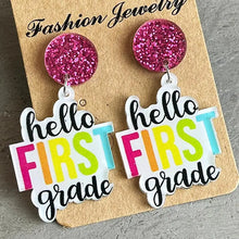Glittery pink stud earrings with hello second grade acrylic dangle