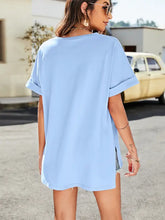 Light blue oversized High-Low Side Slit V-Neck Tee with rolled sleeves and side slits