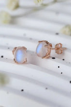 High quality natural moonstone oval-cut rainbow stud earrings in rose gold settings