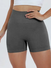 Charcoal high waist active shorts with stretchy fabric, elastic waistband, machine wash cold