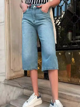 High waist light blue denim shorts wide leg culottes