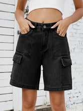 High Waist Denim Shorts with Cargo Pockets Black Denim Shorts