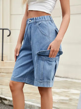 High waist denim shorts with elastic waist and large side pockets