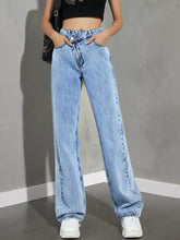 Light-wash denim high waist wide leg jeans with classic stitching and a high-rise wide leg cut for casual wear