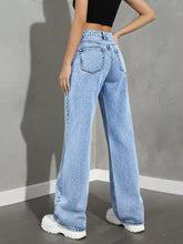 Light-wash denim high waist wide leg jeans showing classic back pockets and wide-leg cut from the back side