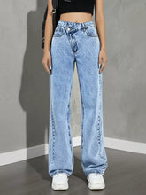 Light-wash denim high waist wide leg jeans with classic five-pocket design and button closure for casual wear