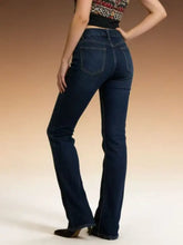 Dark blue denim high-waisted bootcut jeans with flared leg cut and classic back pockets shown from the back side