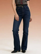 Dark blue high-waisted bootcut jeans in denim with a classic five-pocket design and gold-tone hardware
